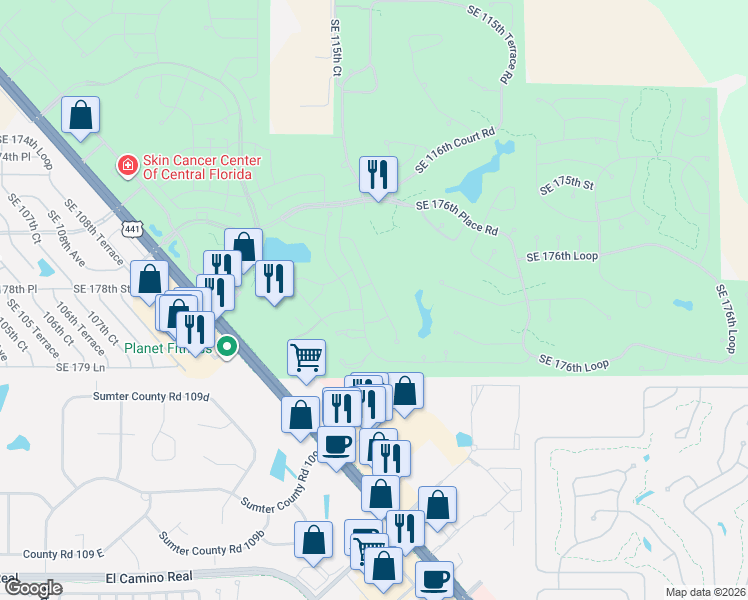 map of restaurants, bars, coffee shops, grocery stores, and more near 17815 Southeast 114th Court in Summerfield