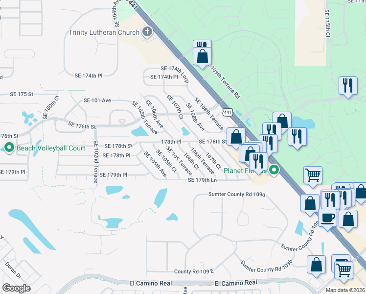 map of restaurants, bars, coffee shops, grocery stores, and more near 10663 178th Place in Summerfield