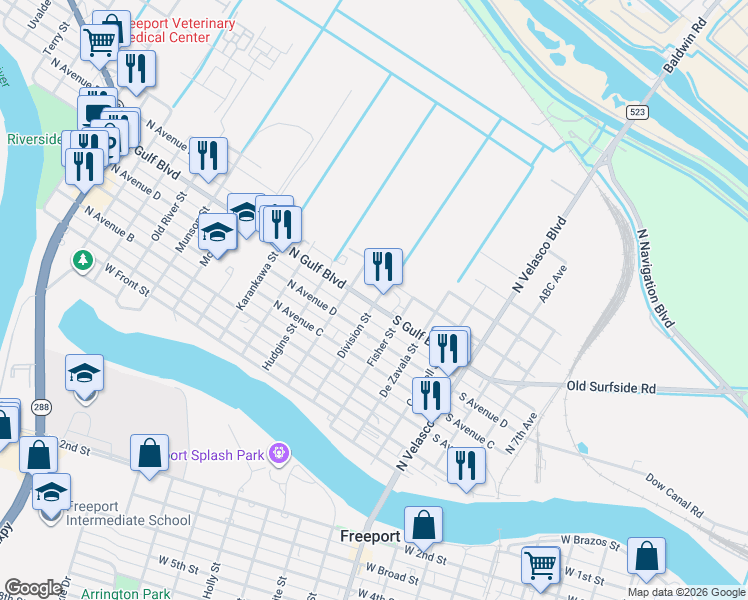 map of restaurants, bars, coffee shops, grocery stores, and more near 4 North Gulf Boulevard in Freeport