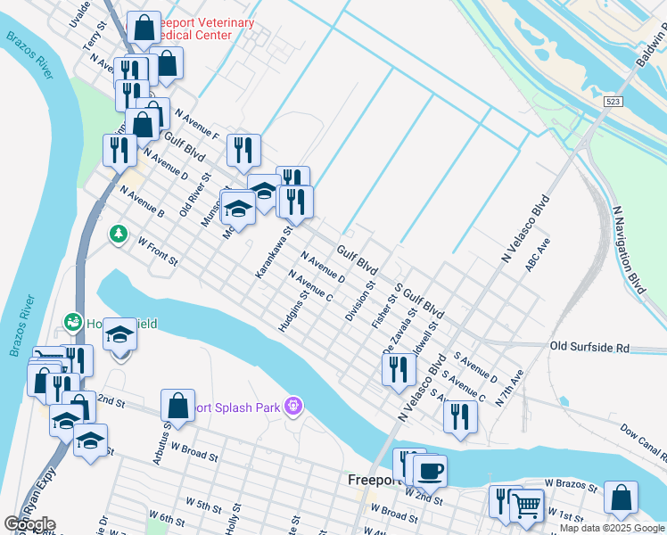 map of restaurants, bars, coffee shops, grocery stores, and more near 116 North Avenue D in Freeport