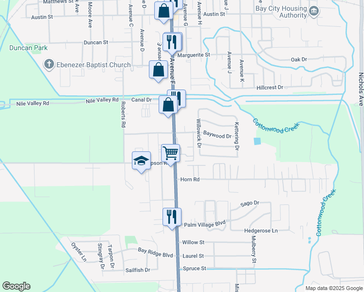 map of restaurants, bars, coffee shops, grocery stores, and more near 1700 Baywood Drive in Bay City