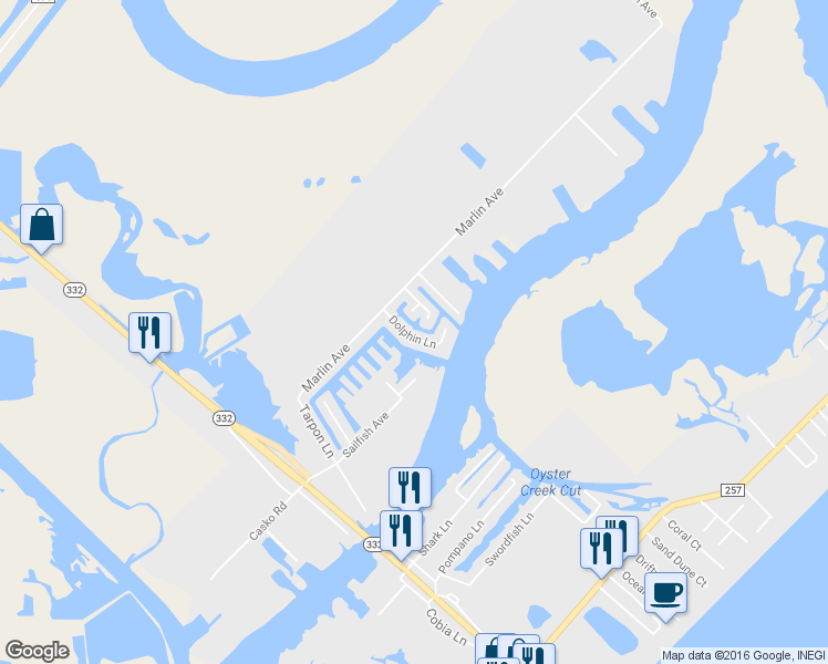 map of restaurants, bars, coffee shops, grocery stores, and more near 96 Dolphin Lane in Freeport
