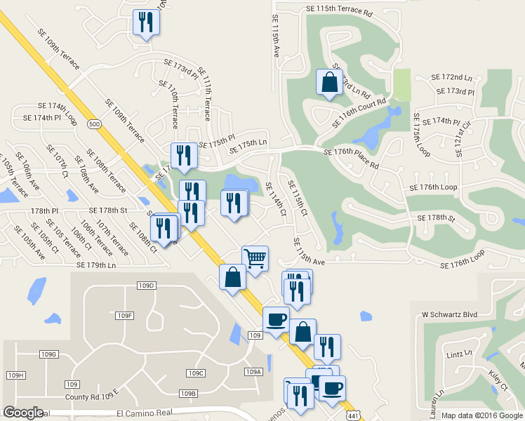 map of restaurants, bars, coffee shops, grocery stores, and more near 17776 Southeast 114th Avenue in Summerfield