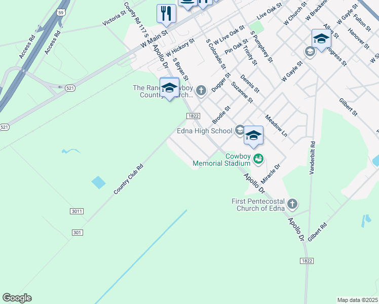 map of restaurants, bars, coffee shops, grocery stores, and more near 515 Jackson Street in Edna