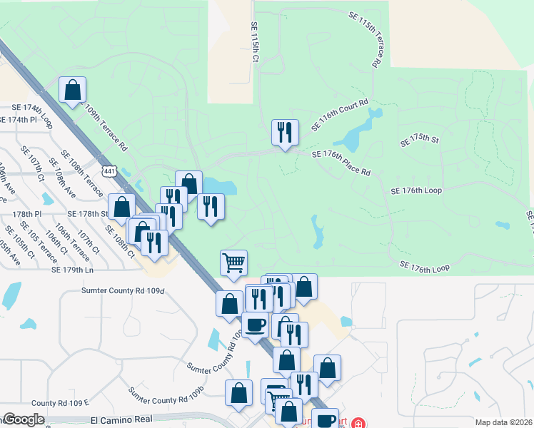 map of restaurants, bars, coffee shops, grocery stores, and more near 17815 Southeast 114th Court in Summerfield