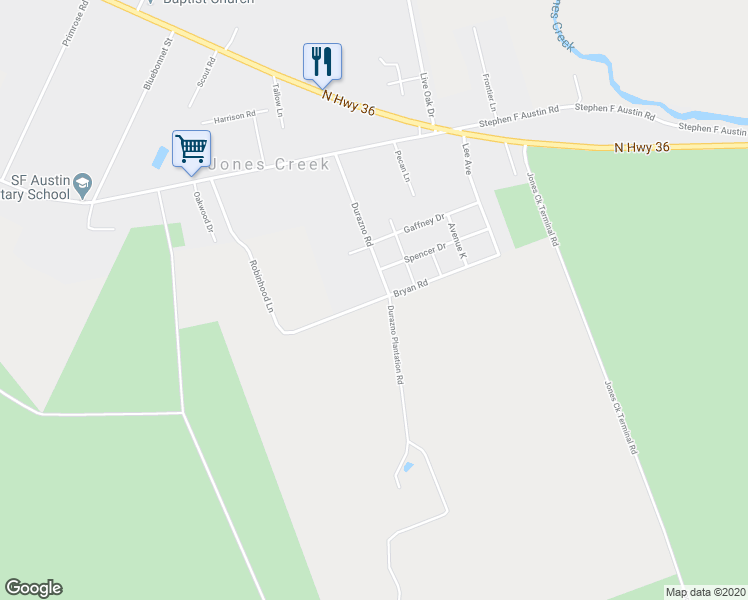 map of restaurants, bars, coffee shops, grocery stores, and more near 6806 Bryan Road in Jones Creek