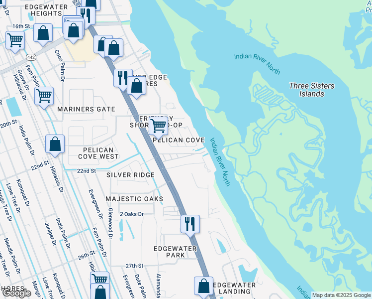 map of restaurants, bars, coffee shops, grocery stores, and more near 22 Blue Heron Drive in Edgewater