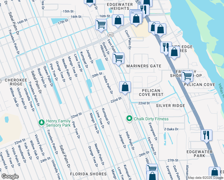 map of restaurants, bars, coffee shops, grocery stores, and more near 2109 India Palm Drive in Edgewater