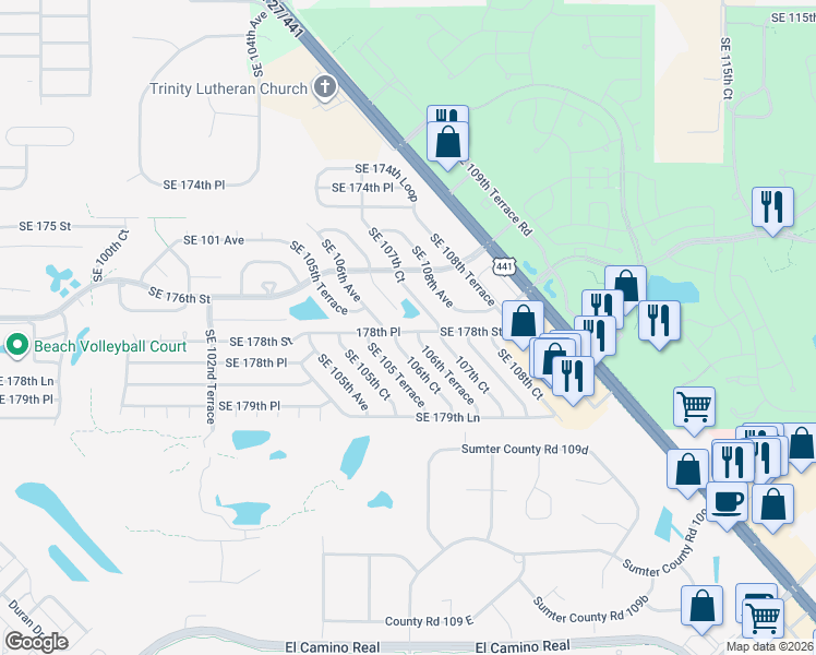 map of restaurants, bars, coffee shops, grocery stores, and more near 10663 178th Place in Marion County