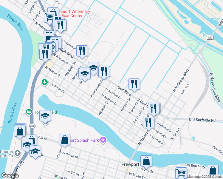 map of restaurants, bars, coffee shops, grocery stores, and more near 210 North Avenue D in Freeport