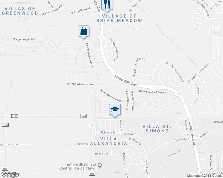map of restaurants, bars, coffee shops, grocery stores, and more near 8460 Southeast 177th Penman Place in The Villages