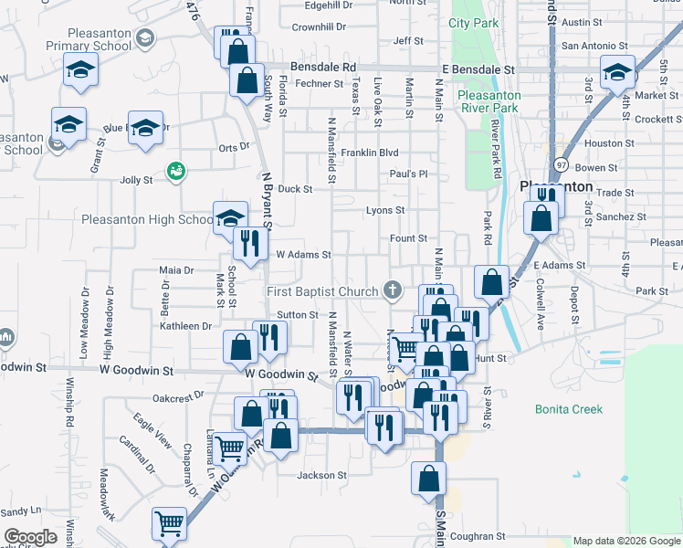 map of restaurants, bars, coffee shops, grocery stores, and more near 510 North Mansfield Street in Pleasanton