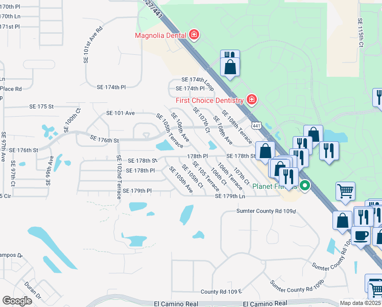map of restaurants, bars, coffee shops, grocery stores, and more near 10591 Southeast 178th Street in Summerfield