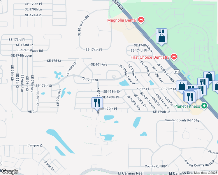 map of restaurants, bars, coffee shops, grocery stores, and more near 10360 Southeast 177th Place in Summerfield