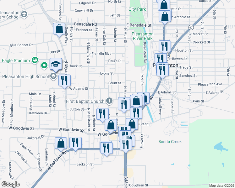map of restaurants, bars, coffee shops, grocery stores, and more near 509 Dossey Street in Pleasanton