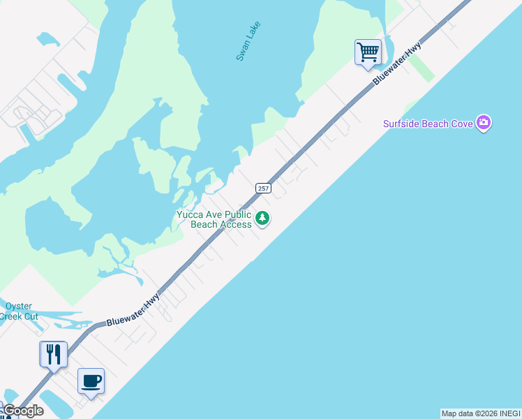 map of restaurants, bars, coffee shops, grocery stores, and more near 103 Coconut Road in Surfside Beach