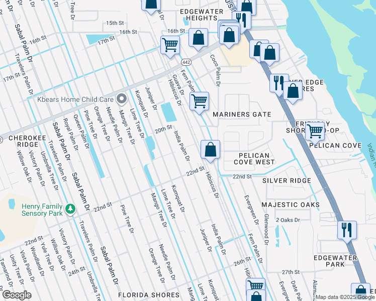 map of restaurants, bars, coffee shops, grocery stores, and more near 2105 India Palm Drive in Edgewater