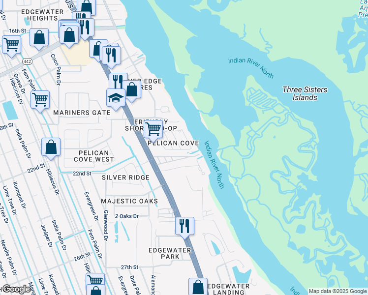 map of restaurants, bars, coffee shops, grocery stores, and more near 22 Blue Heron Drive in Edgewater
