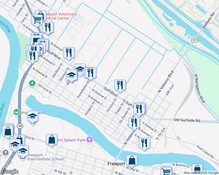 map of restaurants, bars, coffee shops, grocery stores, and more near 106 North Gulf Boulevard in Freeport