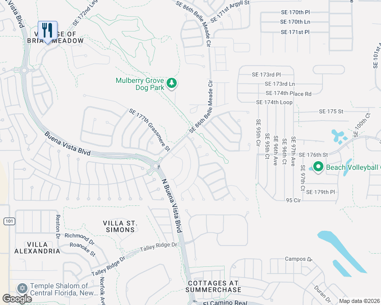 map of restaurants, bars, coffee shops, grocery stores, and more near 17773 Southeast 91st Freedom Court in The Villages