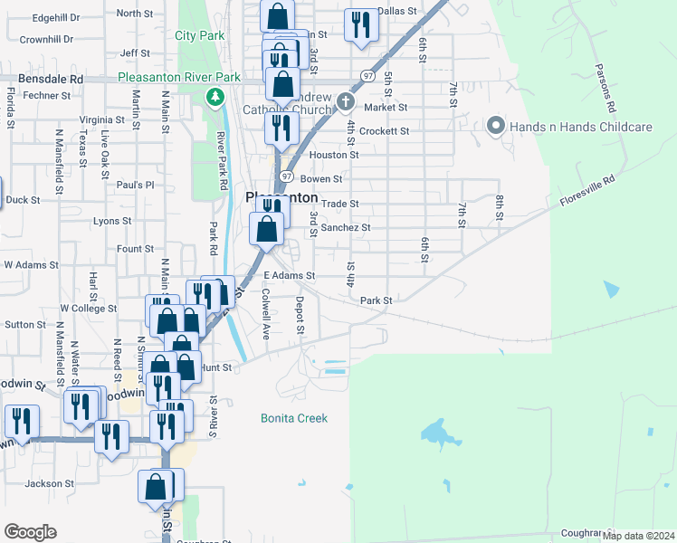 map of restaurants, bars, coffee shops, grocery stores, and more near 623 East Adams Street in Pleasanton