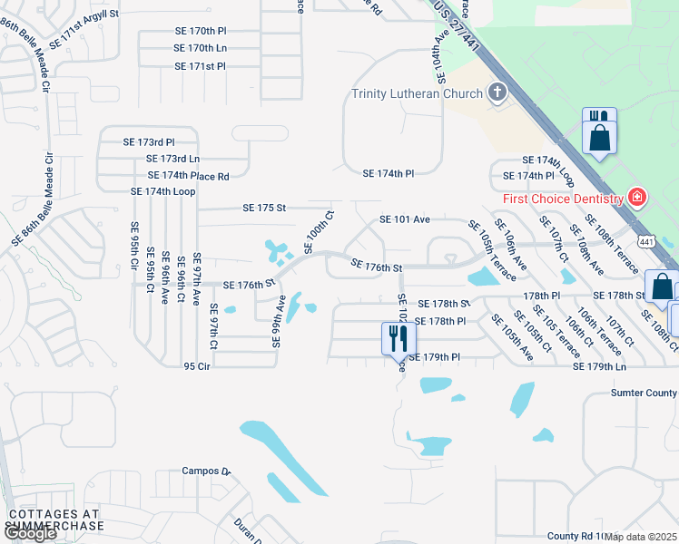 map of restaurants, bars, coffee shops, grocery stores, and more near 10100 Southeast 176th Street in Summerfield