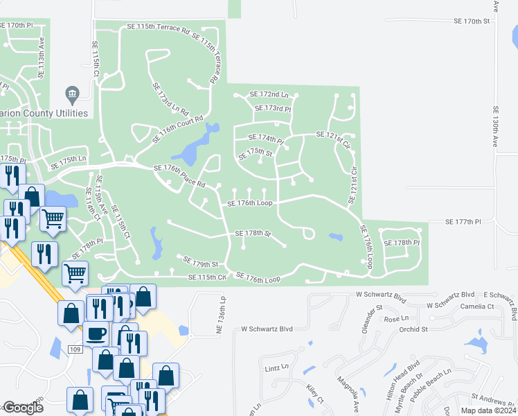 map of restaurants, bars, coffee shops, grocery stores, and more near 12066 Southeast 176th Loop in Summerfield