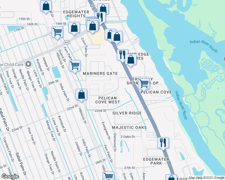 map of restaurants, bars, coffee shops, grocery stores, and more near 808 Egret Court in Edgewater