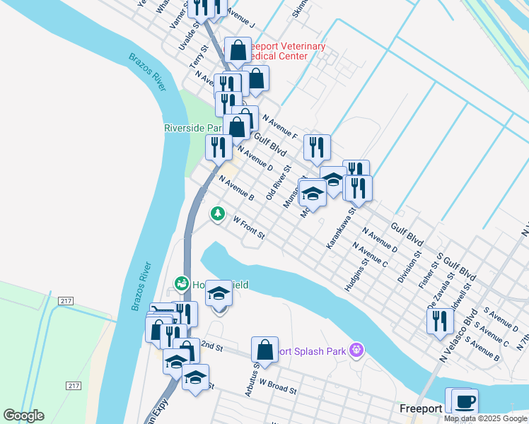 map of restaurants, bars, coffee shops, grocery stores, and more near 715 North Avenue C in Freeport