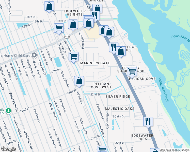 map of restaurants, bars, coffee shops, grocery stores, and more near 402 Sea Hawk Court in Edgewater