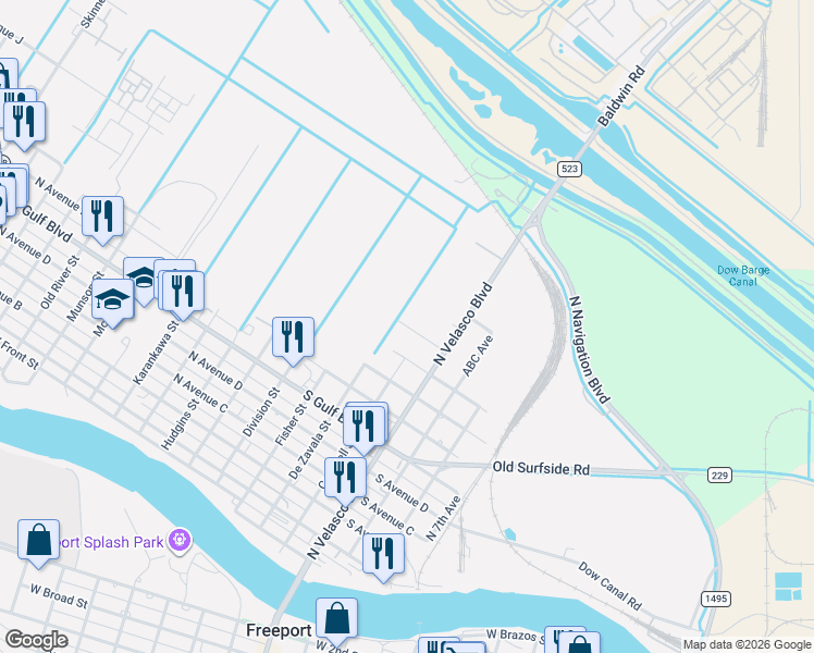 map of restaurants, bars, coffee shops, grocery stores, and more near 204 South Avenue I in Freeport
