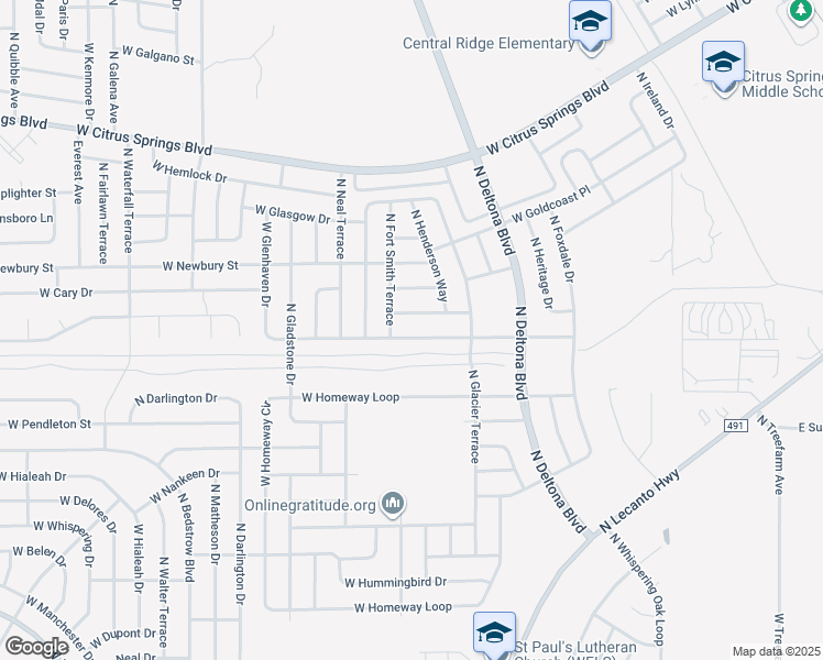 map of restaurants, bars, coffee shops, grocery stores, and more near 654 West Heronsbill Lane in Citrus Springs