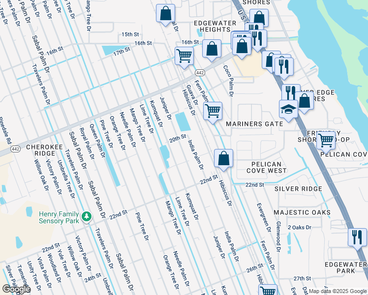 map of restaurants, bars, coffee shops, grocery stores, and more near 2011 Juniper Drive in Edgewater