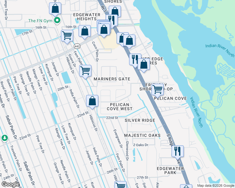 map of restaurants, bars, coffee shops, grocery stores, and more near 711 Egret Court in Edgewater