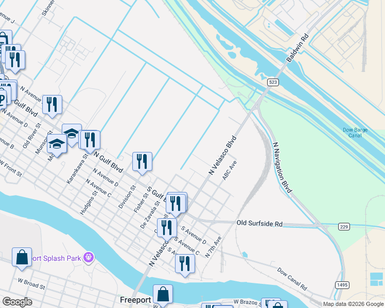 map of restaurants, bars, coffee shops, grocery stores, and more near 204 South Avenue I in Freeport