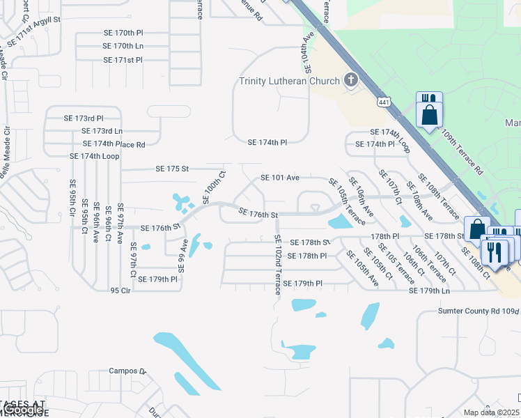 map of restaurants, bars, coffee shops, grocery stores, and more near 17598 Southeast 102nd Avenue in Summerfield