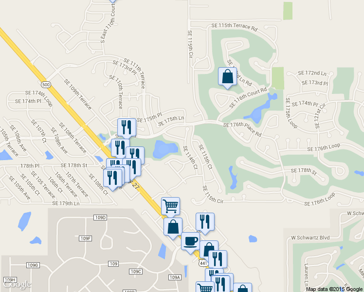 map of restaurants, bars, coffee shops, grocery stores, and more near 17718 Southeast 114th Court in Summerfield
