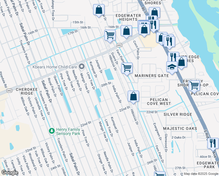 map of restaurants, bars, coffee shops, grocery stores, and more near 2011 Juniper Drive in Edgewater