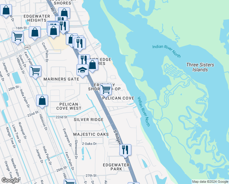 map of restaurants, bars, coffee shops, grocery stores, and more near 3 Kingfisher Lane in Edgewater