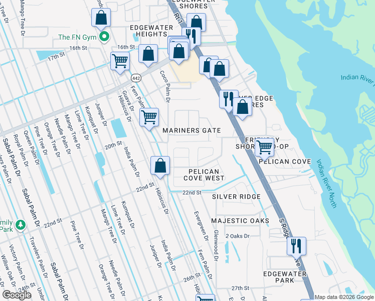 map of restaurants, bars, coffee shops, grocery stores, and more near 402 Sea Hawk Court in Edgewater