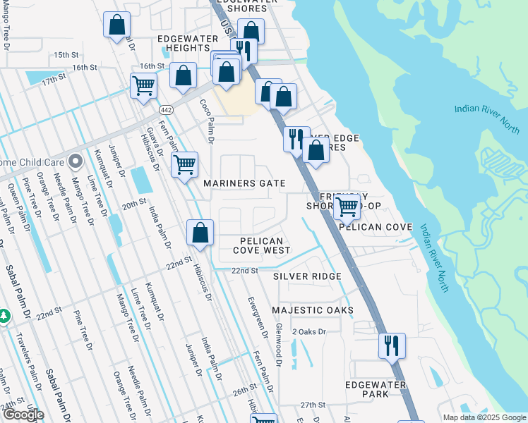 map of restaurants, bars, coffee shops, grocery stores, and more near 808 Egret Ct in Edgewater