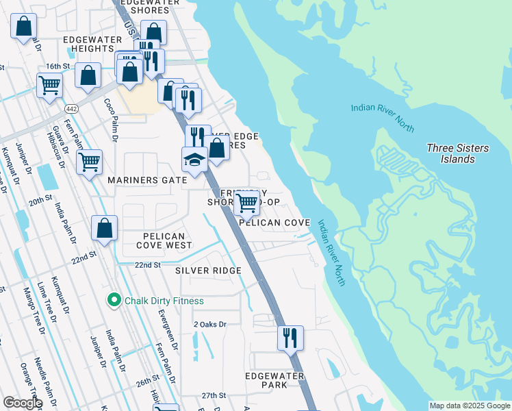 map of restaurants, bars, coffee shops, grocery stores, and more near 11 Pelican Drive in Edgewater