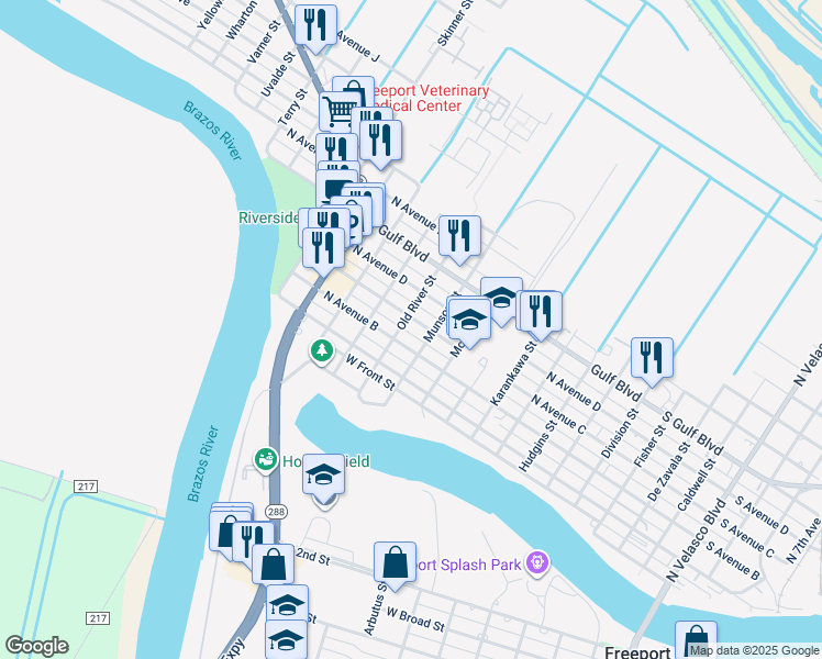 map of restaurants, bars, coffee shops, grocery stores, and more near 715 North Avenue C in Freeport