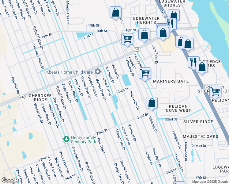 map of restaurants, bars, coffee shops, grocery stores, and more near 1932 Kumquat Dr in Edgewater