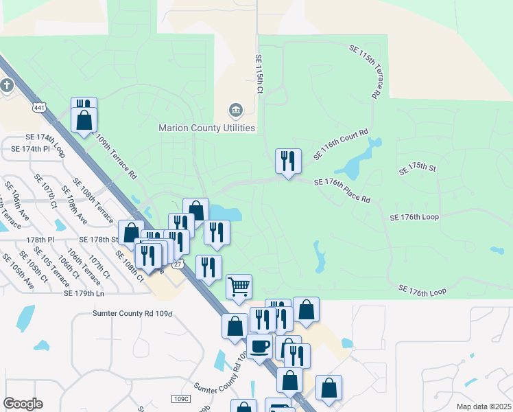 map of restaurants, bars, coffee shops, grocery stores, and more near 17701 Southeast 114th Court in Summerfield