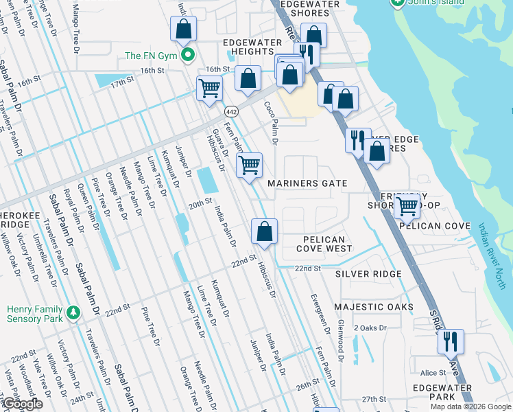 map of restaurants, bars, coffee shops, grocery stores, and more near 2023 Guava Drive in Edgewater