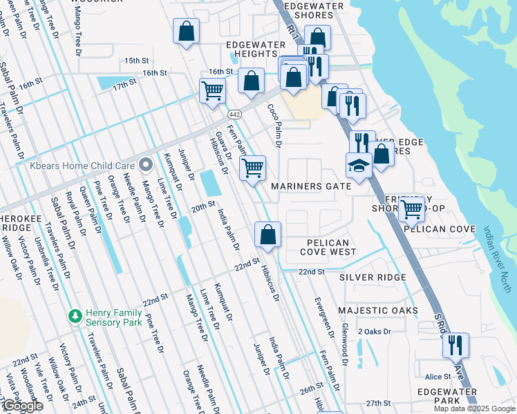 map of restaurants, bars, coffee shops, grocery stores, and more near 2023 Guava Drive in Edgewater