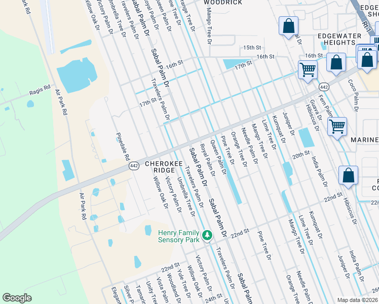 map of restaurants, bars, coffee shops, grocery stores, and more near 1856 Travelers Palm Drive in Edgewater