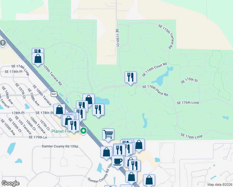 map of restaurants, bars, coffee shops, grocery stores, and more near 17718 Southeast 114th Court in Summerfield