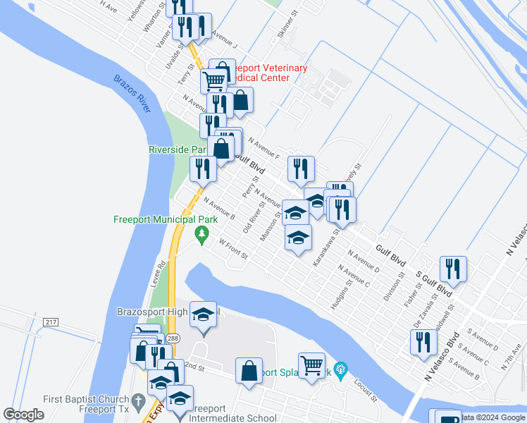 map of restaurants, bars, coffee shops, grocery stores, and more near 724 C Avenue in Freeport